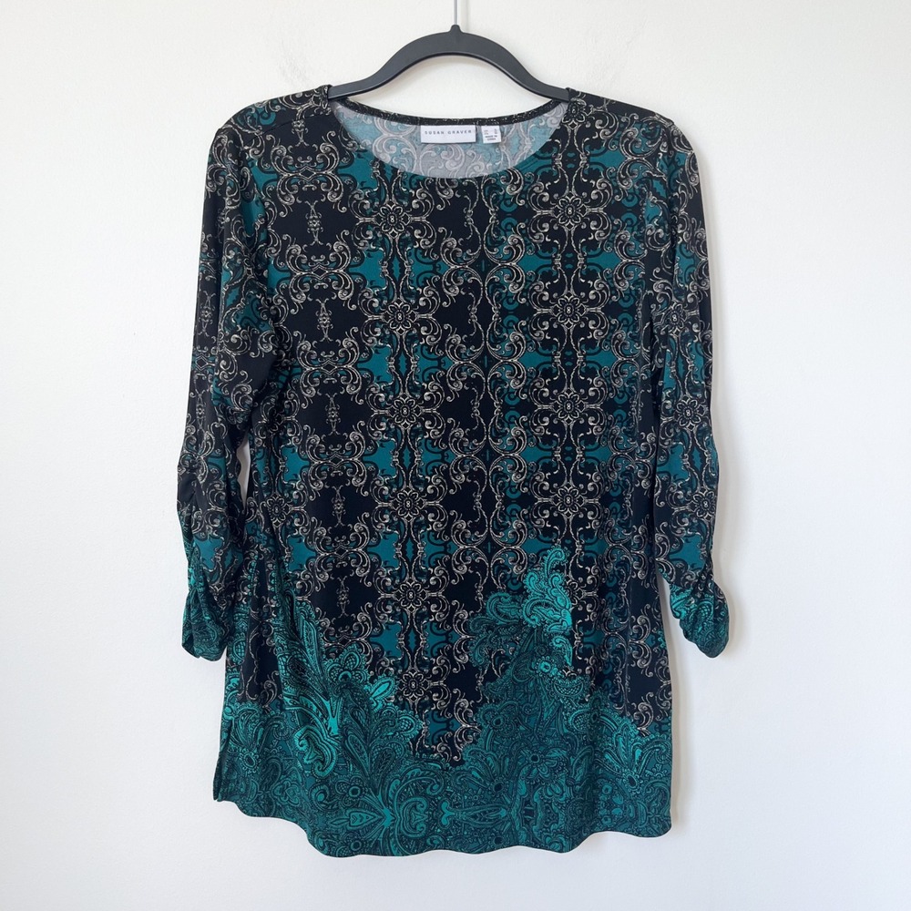 Susan Graver Liquid Knit Ruched Sleeve Paisley Top Womens Small Teal Green Black
